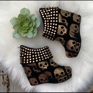 Iron Fist Gold Star Studded Skull Wedge Booties